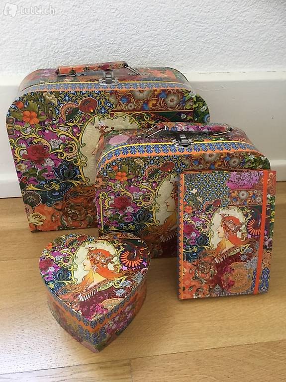  Set 4 Stk. Koffer, Notizbuch, Schatulle Vintage Mucha